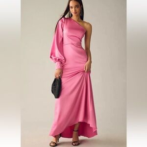 NWT MAC DUGGAL Size 2 Pink 26712 ONE SHOULDER BISHOP SLEEVE SATIN Formal GOWN